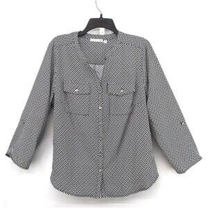 Notations Blouse Womens Size 1X White Black Polka Dot Long Sleeve Button Up